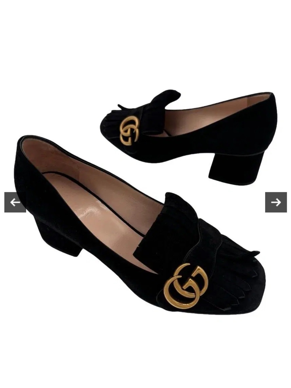 Gucci Black Suede Marmont Fringe Block Heel Loafers with Gold GG in Sz 38 1/2